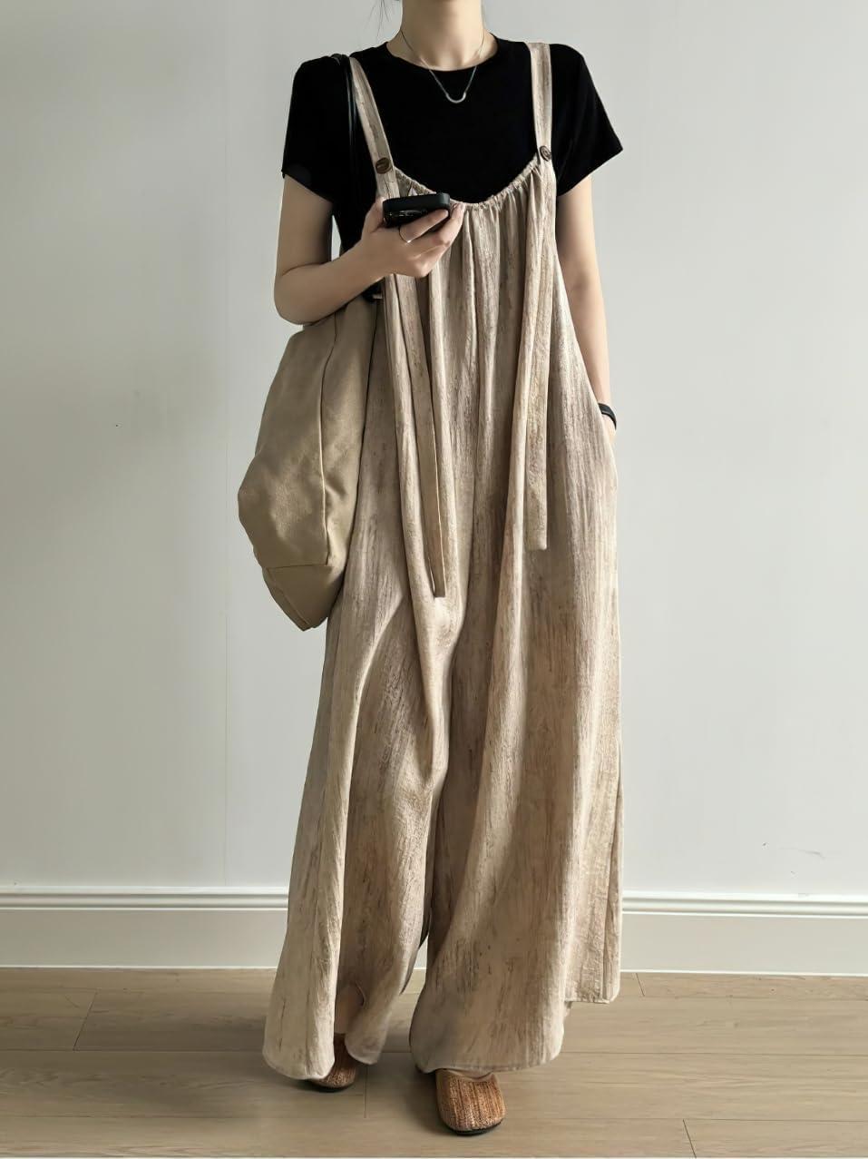 imagechouyatou Womens Spaghetti Strap Overall Pants Wide Leg Adjustable Strap Long Bib Jumpsuits with PocketsKhaki
