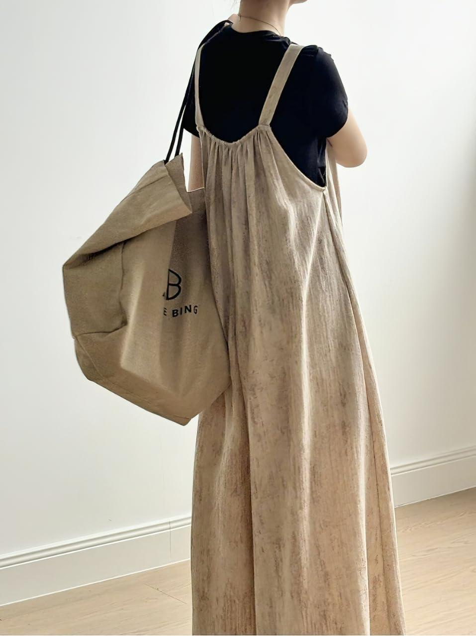 imagechouyatou Womens Spaghetti Strap Overall Pants Wide Leg Adjustable Strap Long Bib Jumpsuits with PocketsKhaki