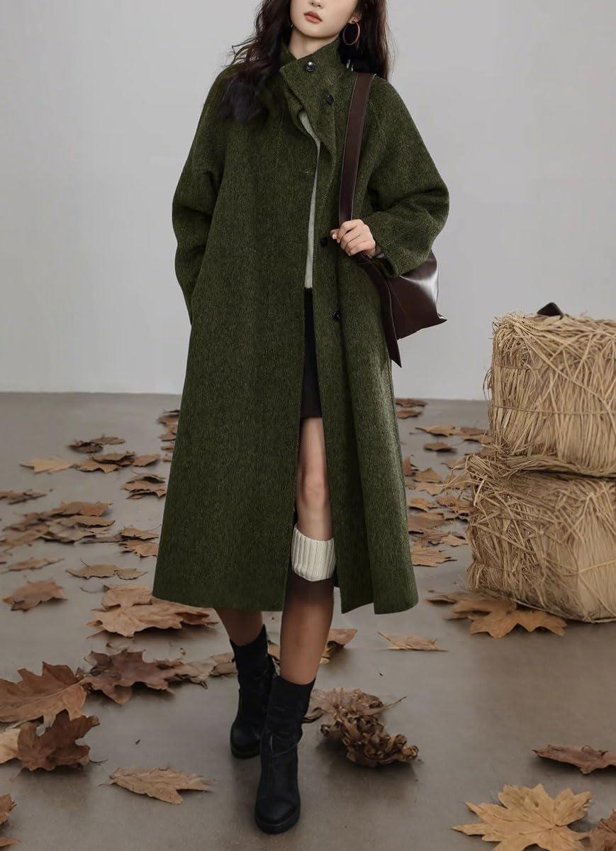 imagechouyatou Womens Stand Collar Midi Long Wool Coats Fall Winter Single Breasted Trench Coat PeacoatArmy Green