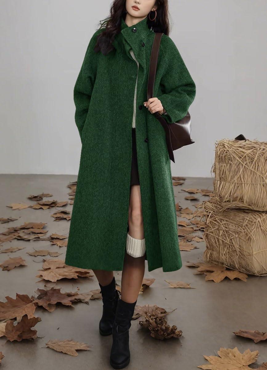 imagechouyatou Womens Stand Collar Midi Long Wool Coats Fall Winter Single Breasted Trench Coat PeacoatGreen