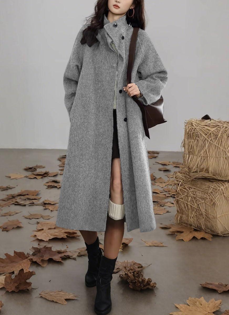 imagechouyatou Womens Stand Collar Midi Long Wool Coats Fall Winter Single Breasted Trench Coat PeacoatGrey