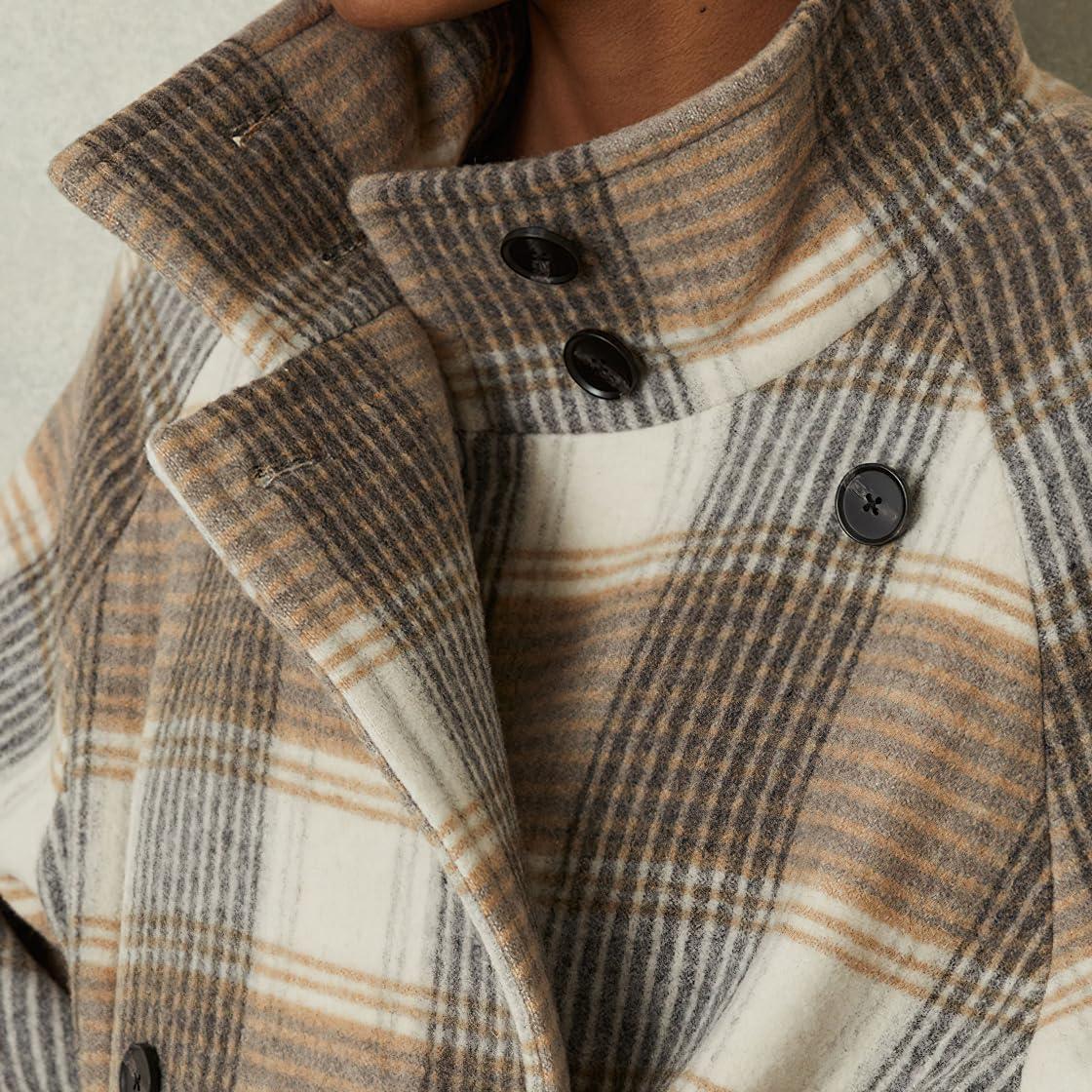imagechouyatou Womens Stand Collar Plaid Wool Coat Peacoat Winter Overcoat Mid Long Trench Coat with BeltKhaki