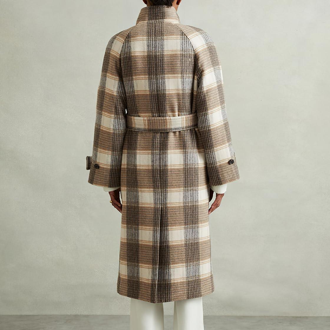 imagechouyatou Womens Stand Collar Plaid Wool Coat Peacoat Winter Overcoat Mid Long Trench Coat with BeltKhaki