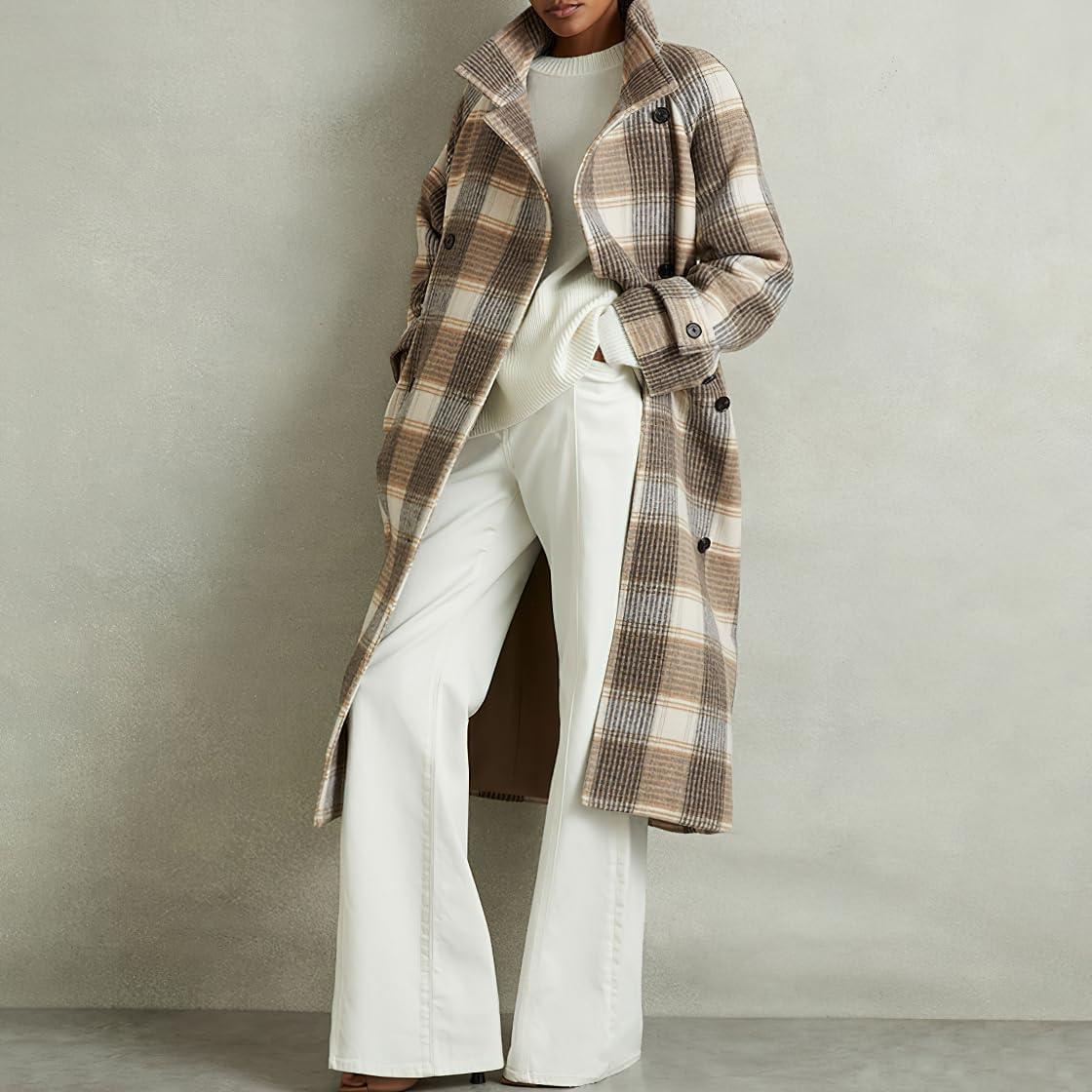 imagechouyatou Womens Stand Collar Plaid Wool Coat Peacoat Winter Overcoat Mid Long Trench Coat with BeltKhaki