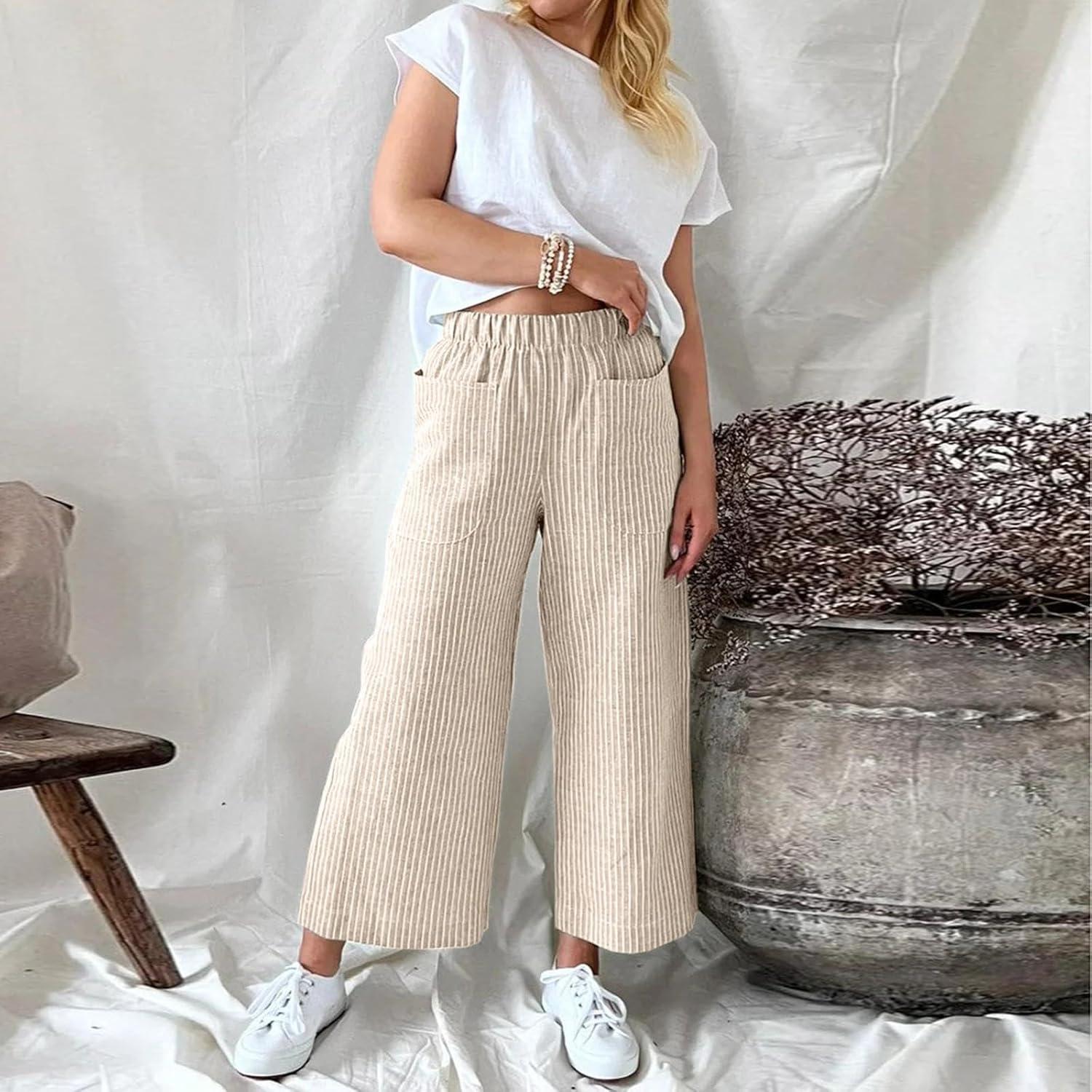 imagechouyatou Womens Striped Wide Leg Cotton Linen Pants Elastic Waist Loose Palazzo Trousers with PocketsApricot