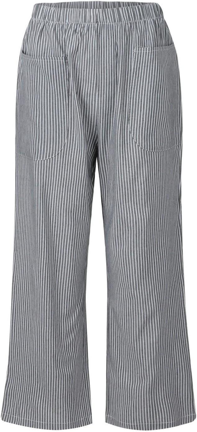 imagechouyatou Womens Striped Wide Leg Cotton Linen Pants Elastic Waist Loose Palazzo Trousers with PocketsBlack