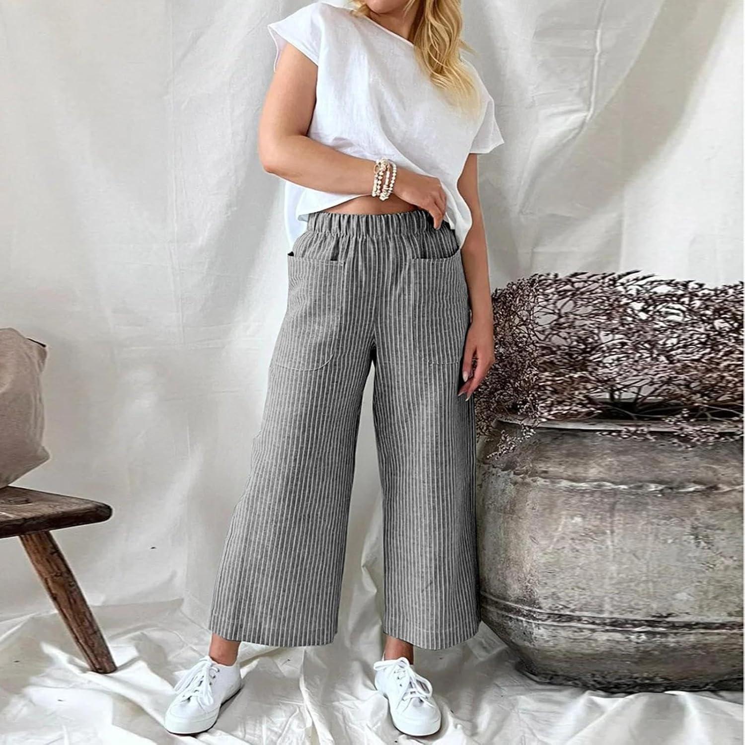 imagechouyatou Womens Striped Wide Leg Cotton Linen Pants Elastic Waist Loose Palazzo Trousers with PocketsBlack