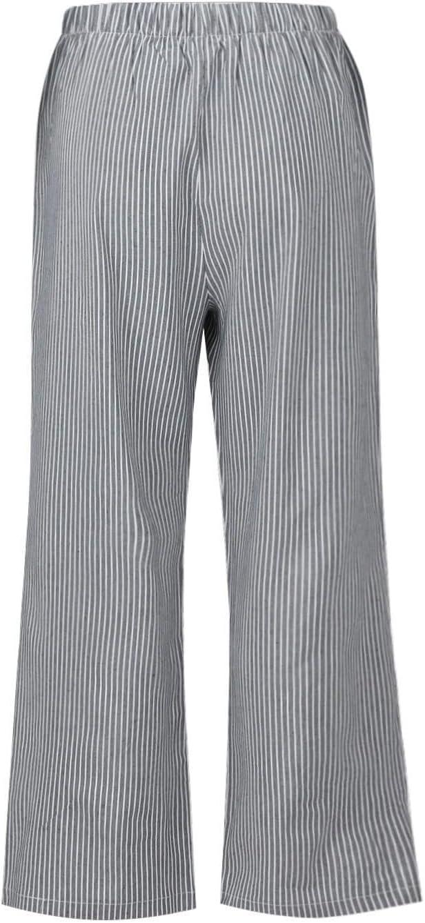 imagechouyatou Womens Striped Wide Leg Cotton Linen Pants Elastic Waist Loose Palazzo Trousers with PocketsBlack