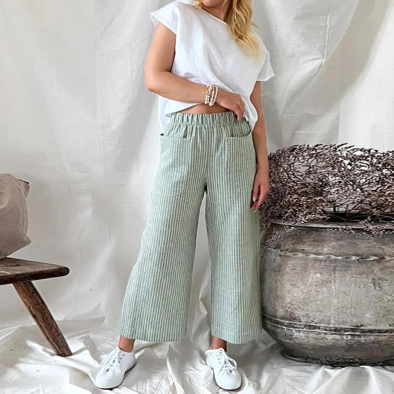 imagechouyatou Womens Striped Wide Leg Cotton Linen Pants Elastic Waist Loose Palazzo Trousers with PocketsGreen