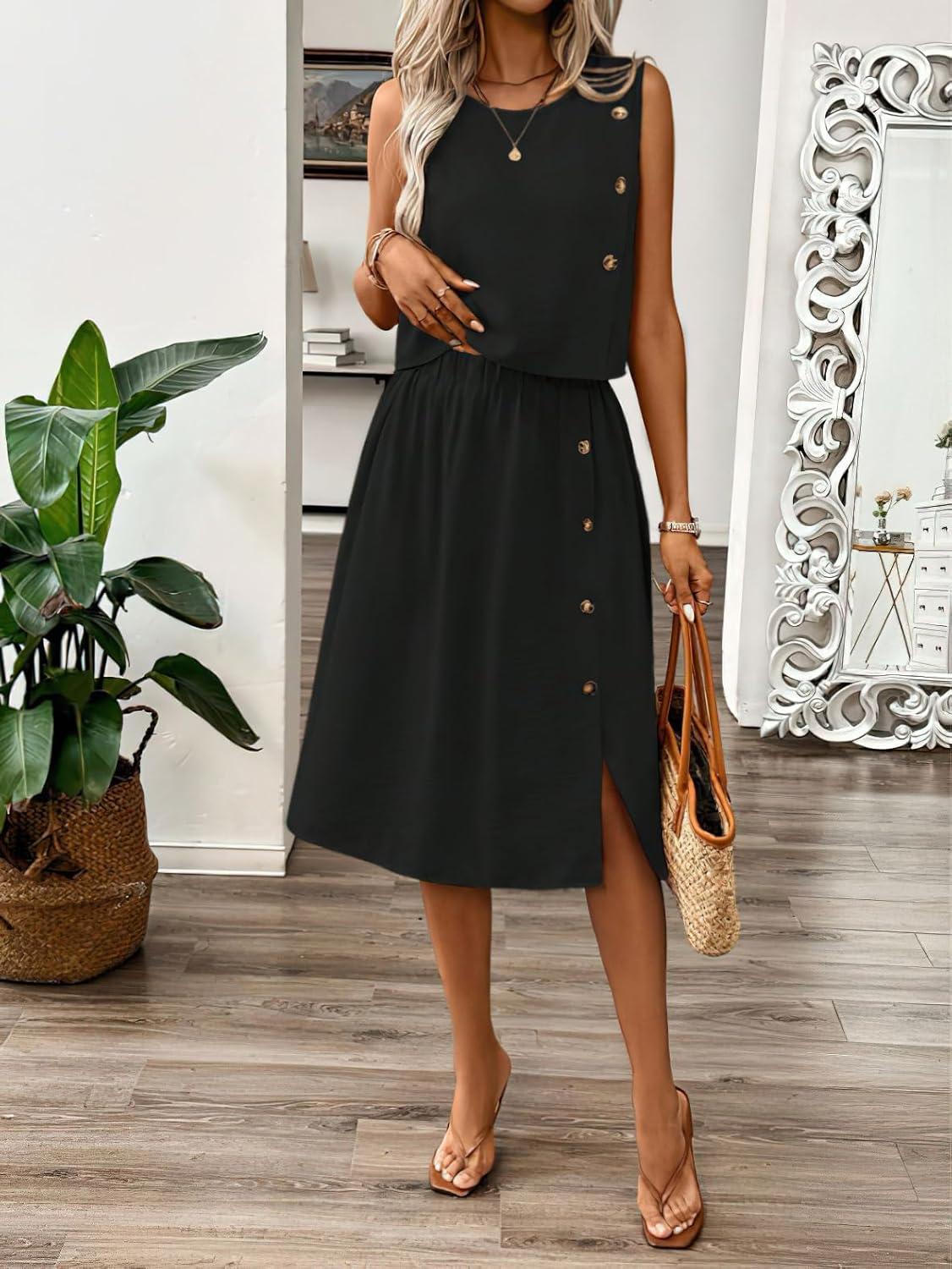 imagechouyatou Womens Summer 2 Piece Outfits Button Crop Tank Top Pleated Midi Skirt Matching SetBlack