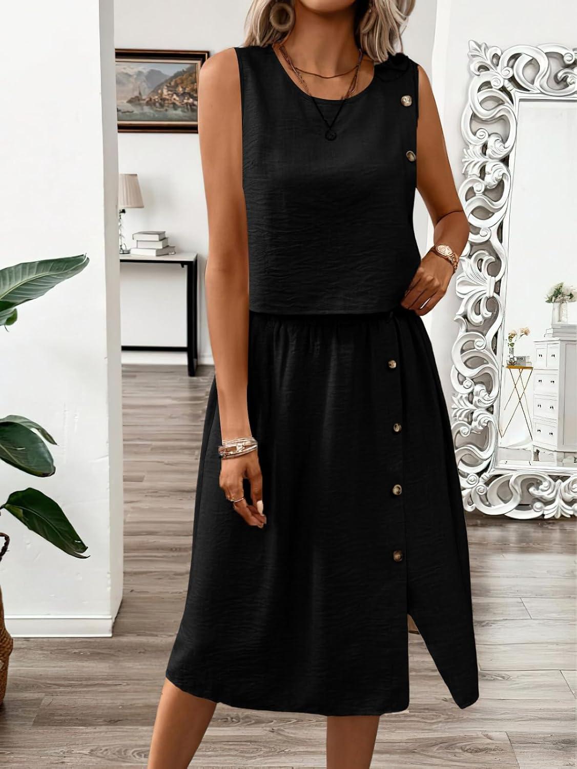imagechouyatou Womens Summer 2 Piece Outfits Button Crop Tank Top Pleated Midi Skirt Matching SetBlack