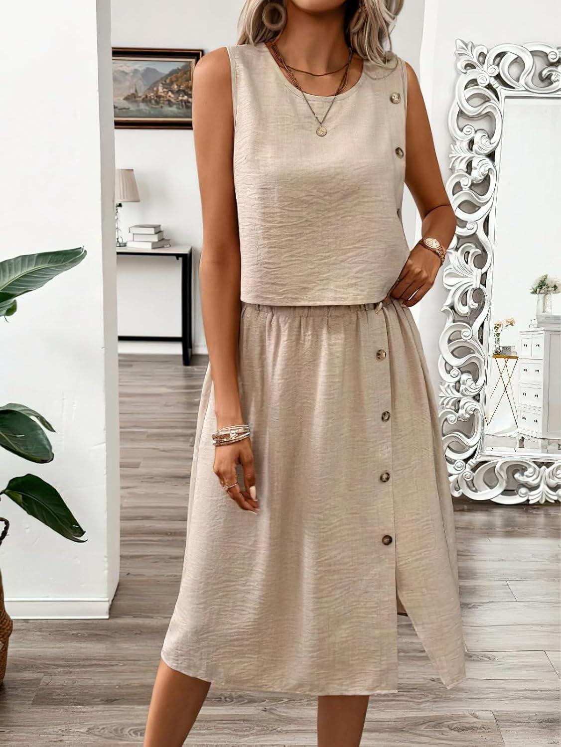 imagechouyatou Womens Summer 2 Piece Outfits Button Crop Tank Top Pleated Midi Skirt Matching SetKhaki