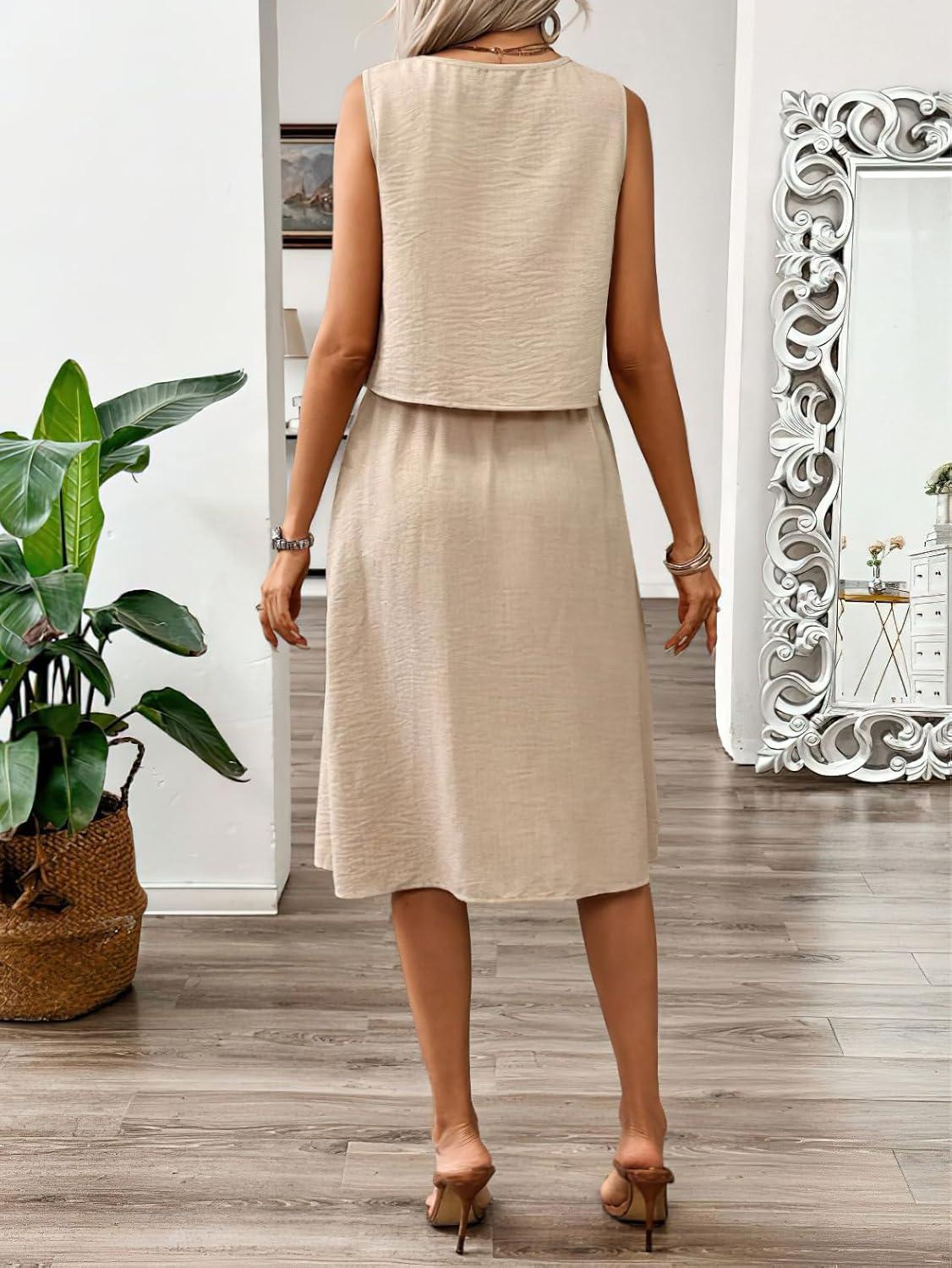 imagechouyatou Womens Summer 2 Piece Outfits Button Crop Tank Top Pleated Midi Skirt Matching SetKhaki