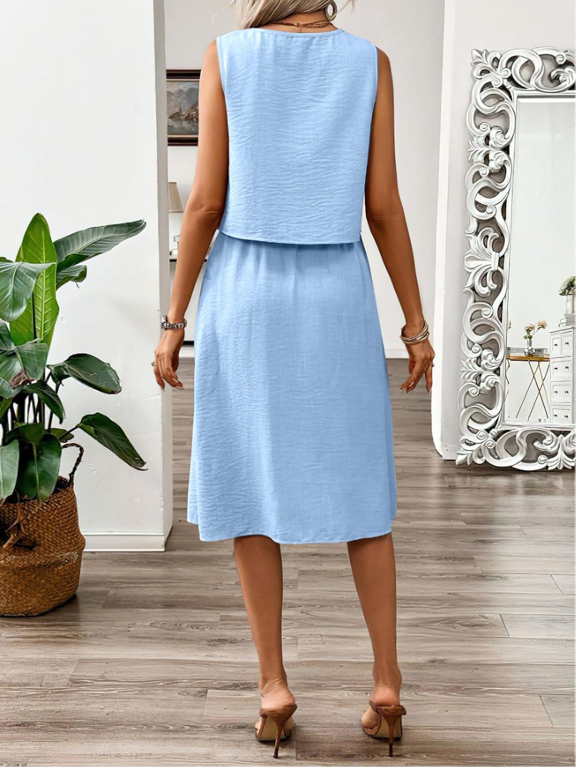 imagechouyatou Womens Summer 2 Piece Outfits Button Crop Tank Top Pleated Midi Skirt Matching SetLight Blue