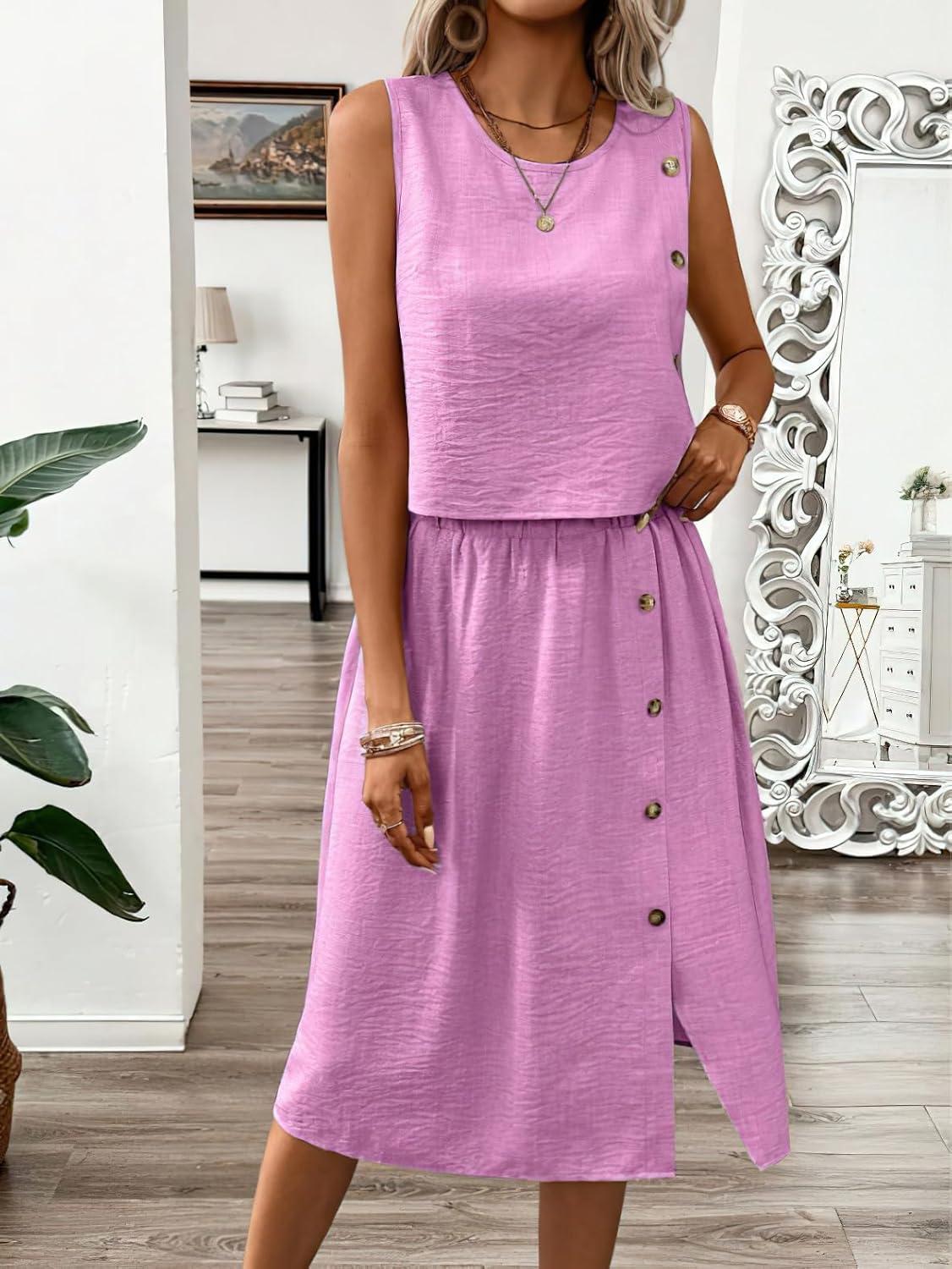 imagechouyatou Womens Summer 2 Piece Outfits Button Crop Tank Top Pleated Midi Skirt Matching SetPink