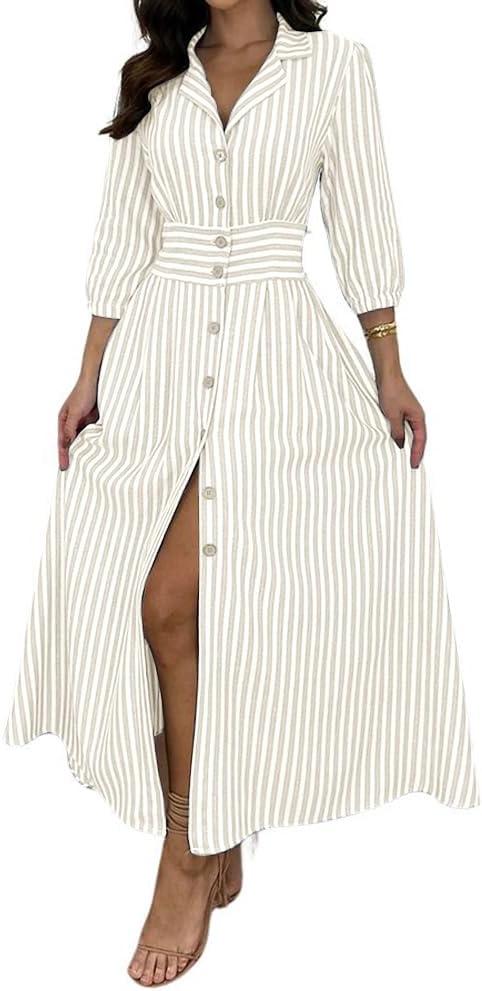 imagechouyatou Womens Summer 34 Sleeve Striped Shirt Dress Elastic High Waisted Beach Maxi Long Button Down DressApricot