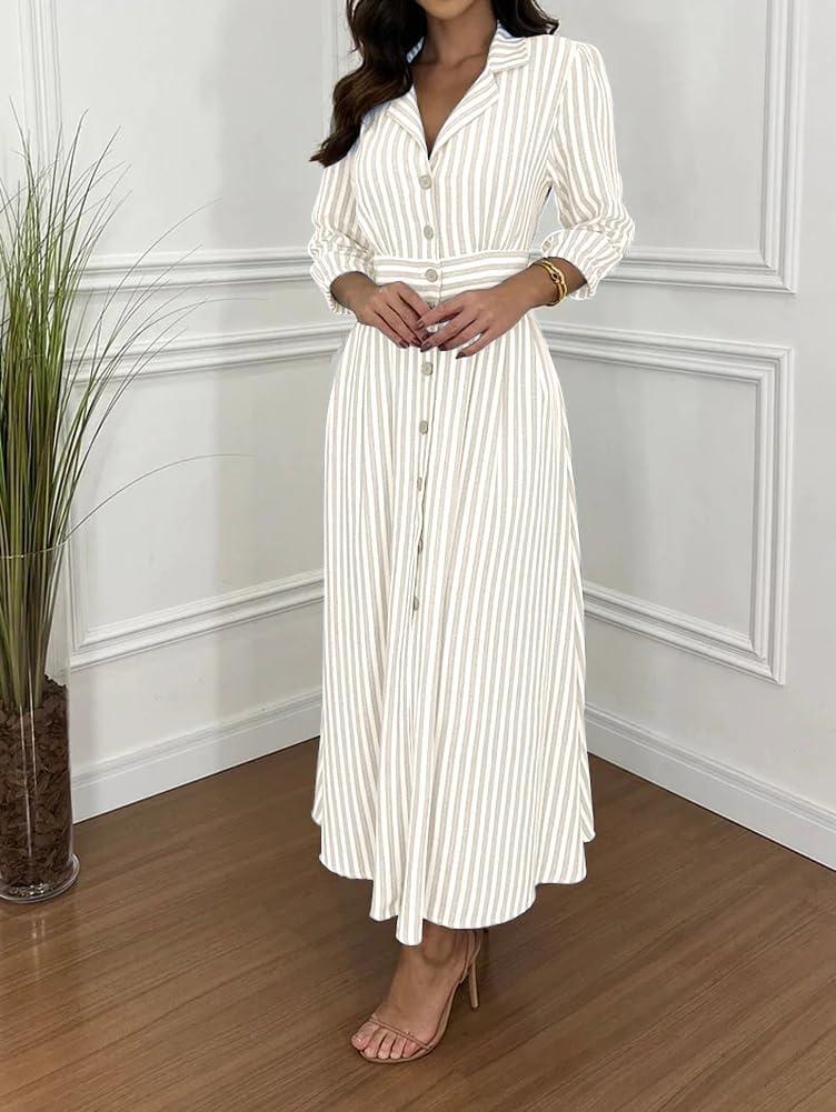 imagechouyatou Womens Summer 34 Sleeve Striped Shirt Dress Elastic High Waisted Beach Maxi Long Button Down DressApricot