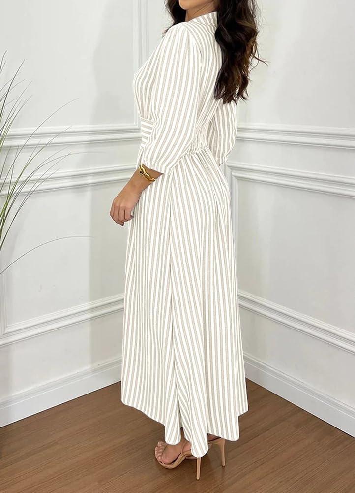 imagechouyatou Womens Summer 34 Sleeve Striped Shirt Dress Elastic High Waisted Beach Maxi Long Button Down DressApricot
