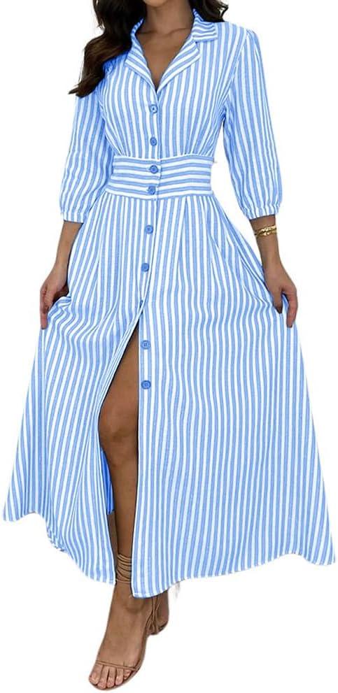 imagechouyatou Womens Summer 34 Sleeve Striped Shirt Dress Elastic High Waisted Beach Maxi Long Button Down DressBlue