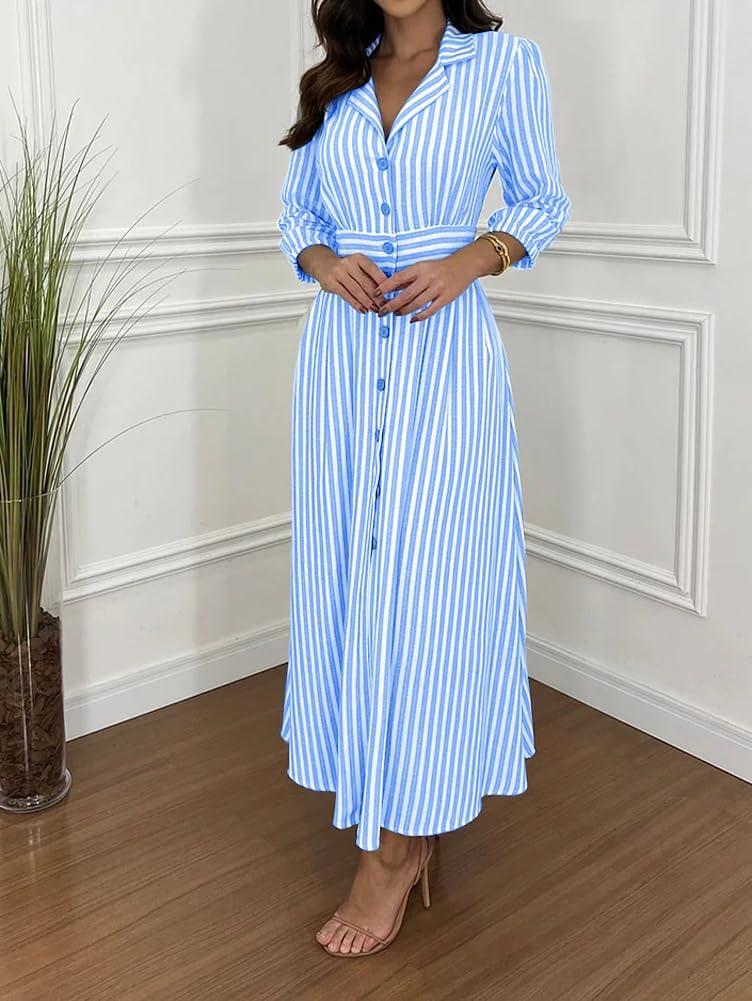 imagechouyatou Womens Summer 34 Sleeve Striped Shirt Dress Elastic High Waisted Beach Maxi Long Button Down DressBlue