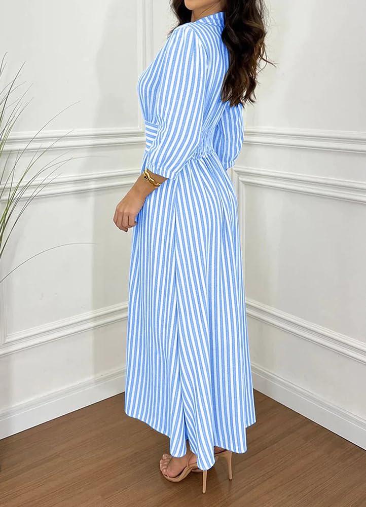 imagechouyatou Womens Summer 34 Sleeve Striped Shirt Dress Elastic High Waisted Beach Maxi Long Button Down DressBlue