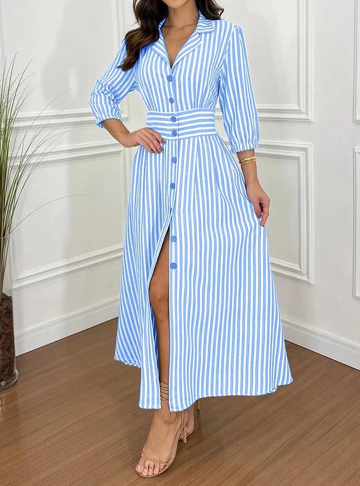 imagechouyatou Womens Summer 34 Sleeve Striped Shirt Dress Elastic High Waisted Beach Maxi Long Button Down DressBlue