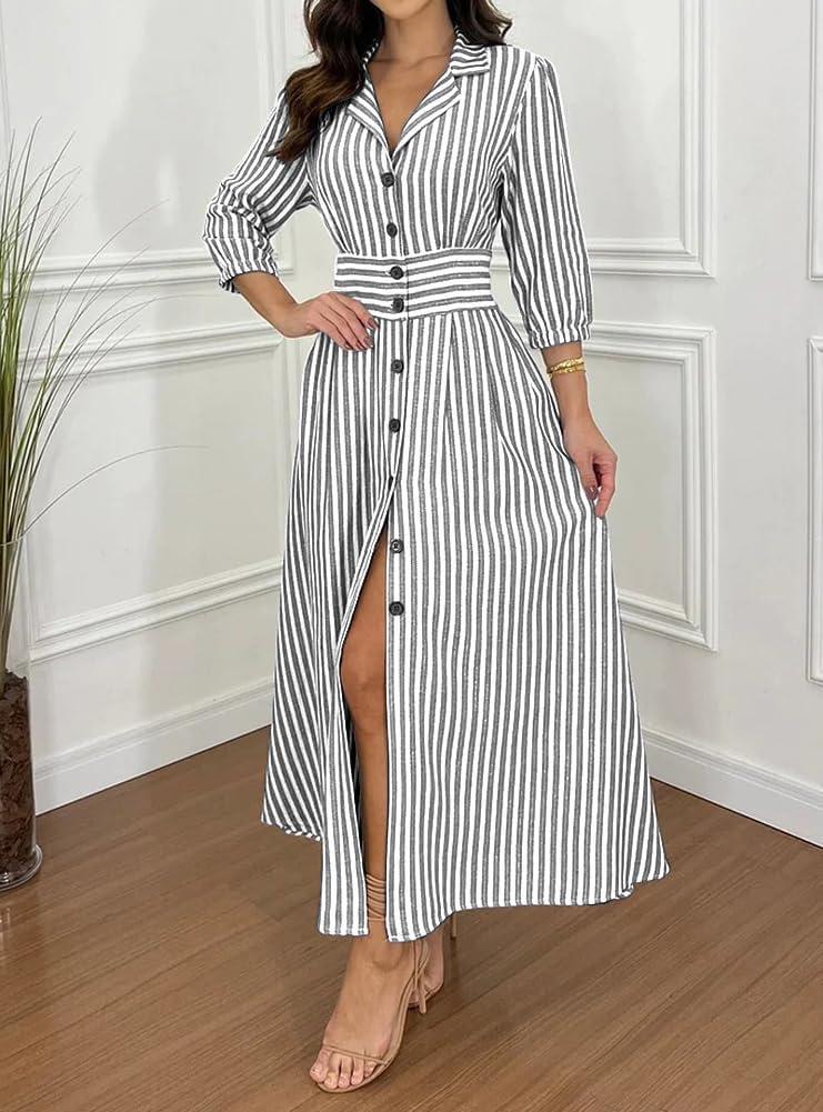 imagechouyatou Womens Summer 34 Sleeve Striped Shirt Dress Elastic High Waisted Beach Maxi Long Button Down DressGrey