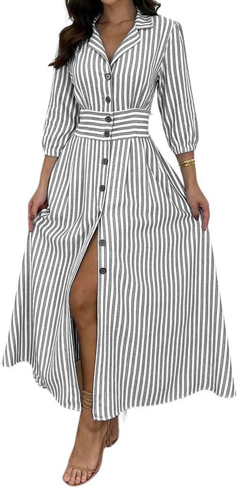 imagechouyatou Womens Summer 34 Sleeve Striped Shirt Dress Elastic High Waisted Beach Maxi Long Button Down DressGrey