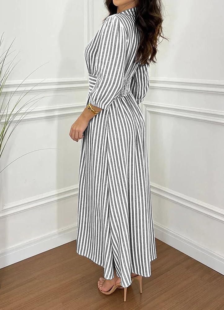 imagechouyatou Womens Summer 34 Sleeve Striped Shirt Dress Elastic High Waisted Beach Maxi Long Button Down DressGrey
