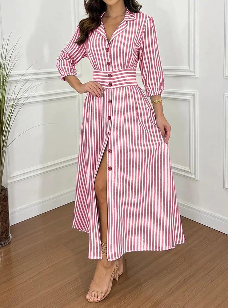 imagechouyatou Womens Summer 34 Sleeve Striped Shirt Dress Elastic High Waisted Beach Maxi Long Button Down DressRed
