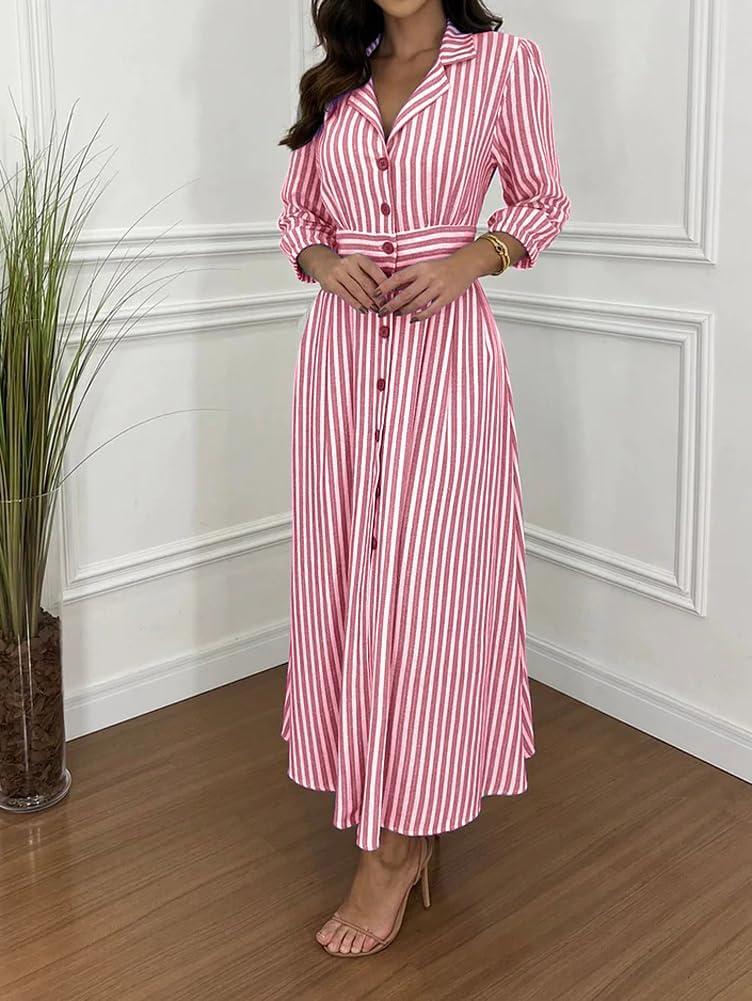 imagechouyatou Womens Summer 34 Sleeve Striped Shirt Dress Elastic High Waisted Beach Maxi Long Button Down DressRed