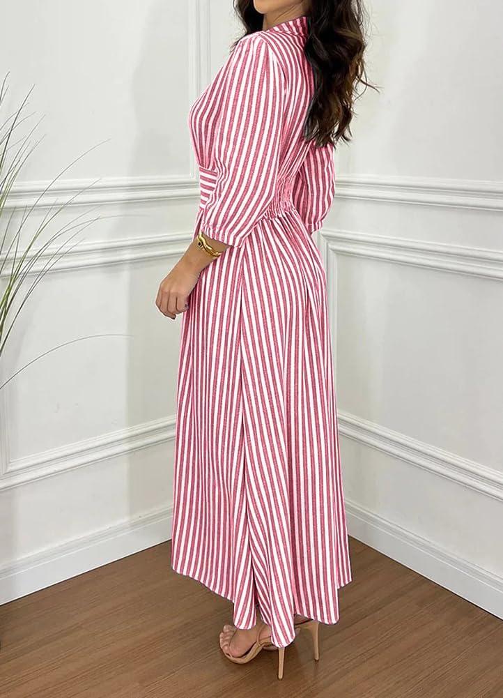 imagechouyatou Womens Summer 34 Sleeve Striped Shirt Dress Elastic High Waisted Beach Maxi Long Button Down DressRed
