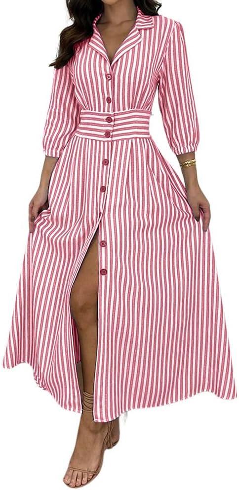 imagechouyatou Womens Summer 34 Sleeve Striped Shirt Dress Elastic High Waisted Beach Maxi Long Button Down DressRed