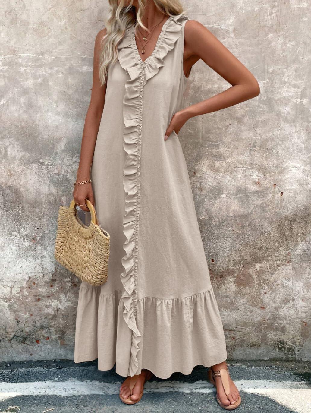 imagechouyatou Womens Summer Beach Cotton Tank Dress Linen Boho Sleeveless Tiered Ruffle Maxi Long SundressApricot