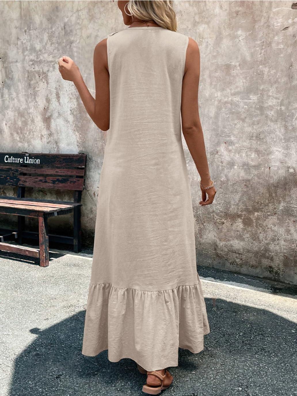 imagechouyatou Womens Summer Beach Cotton Tank Dress Linen Boho Sleeveless Tiered Ruffle Maxi Long SundressApricot