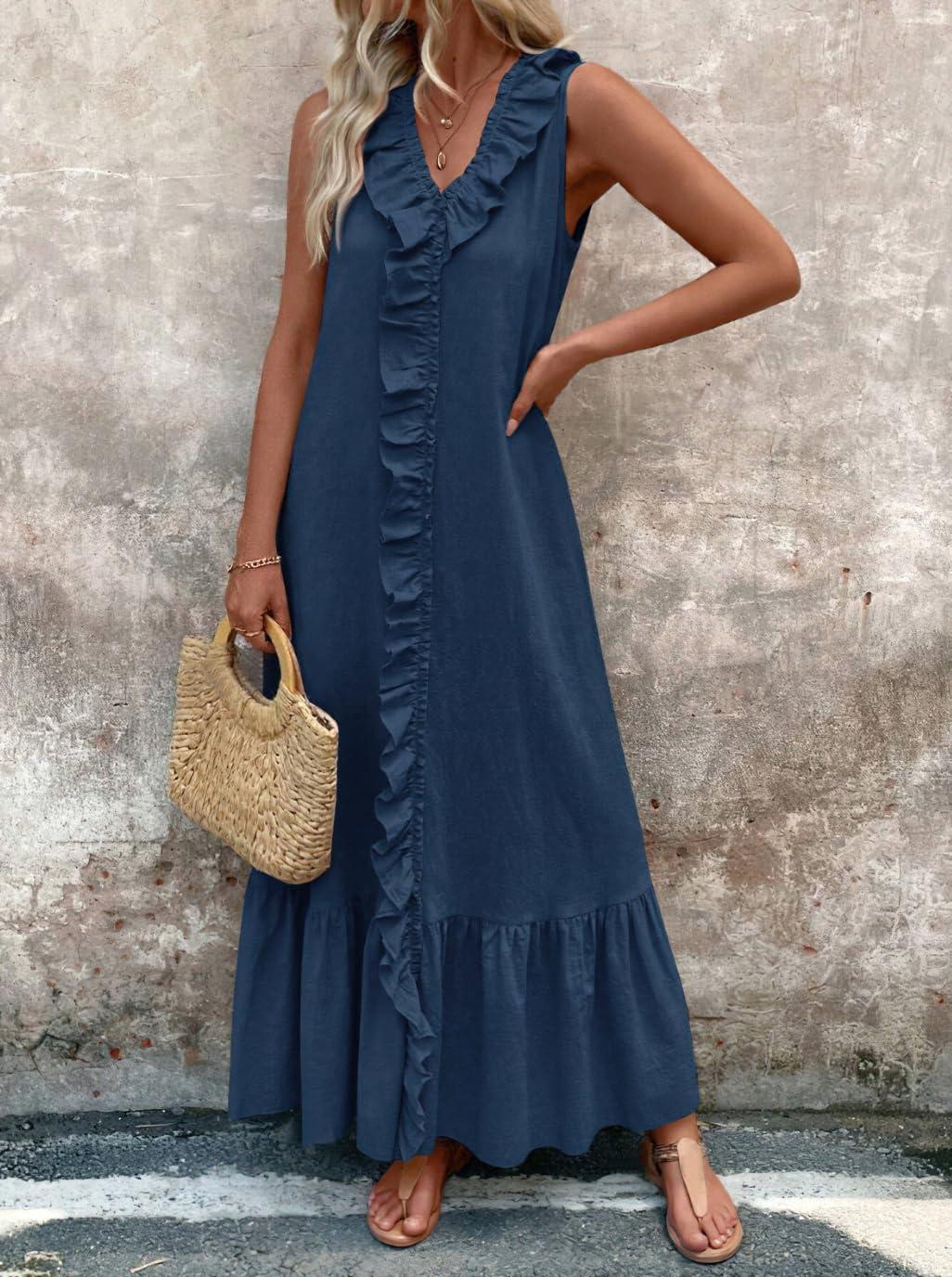 imagechouyatou Womens Summer Beach Cotton Tank Dress Linen Boho Sleeveless Tiered Ruffle Maxi Long SundressDark Blue