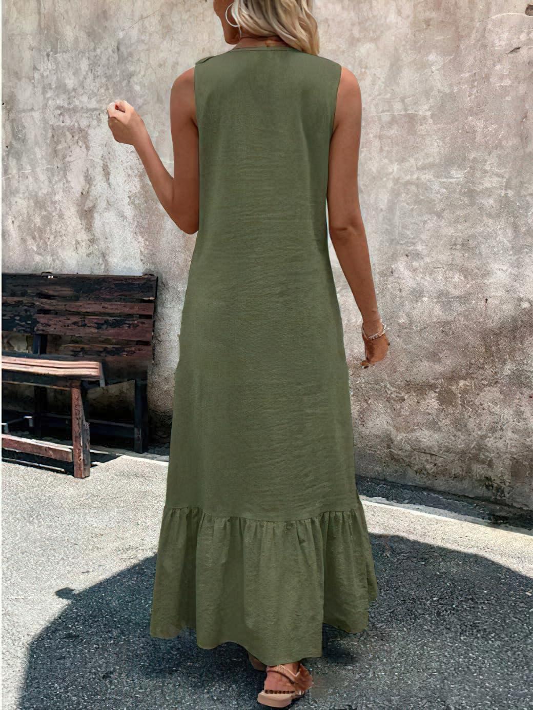 imagechouyatou Womens Summer Beach Cotton Tank Dress Linen Boho Sleeveless Tiered Ruffle Maxi Long SundressDark Green
