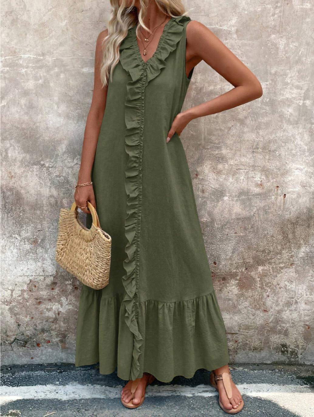 imagechouyatou Womens Summer Beach Cotton Tank Dress Linen Boho Sleeveless Tiered Ruffle Maxi Long SundressDark Green