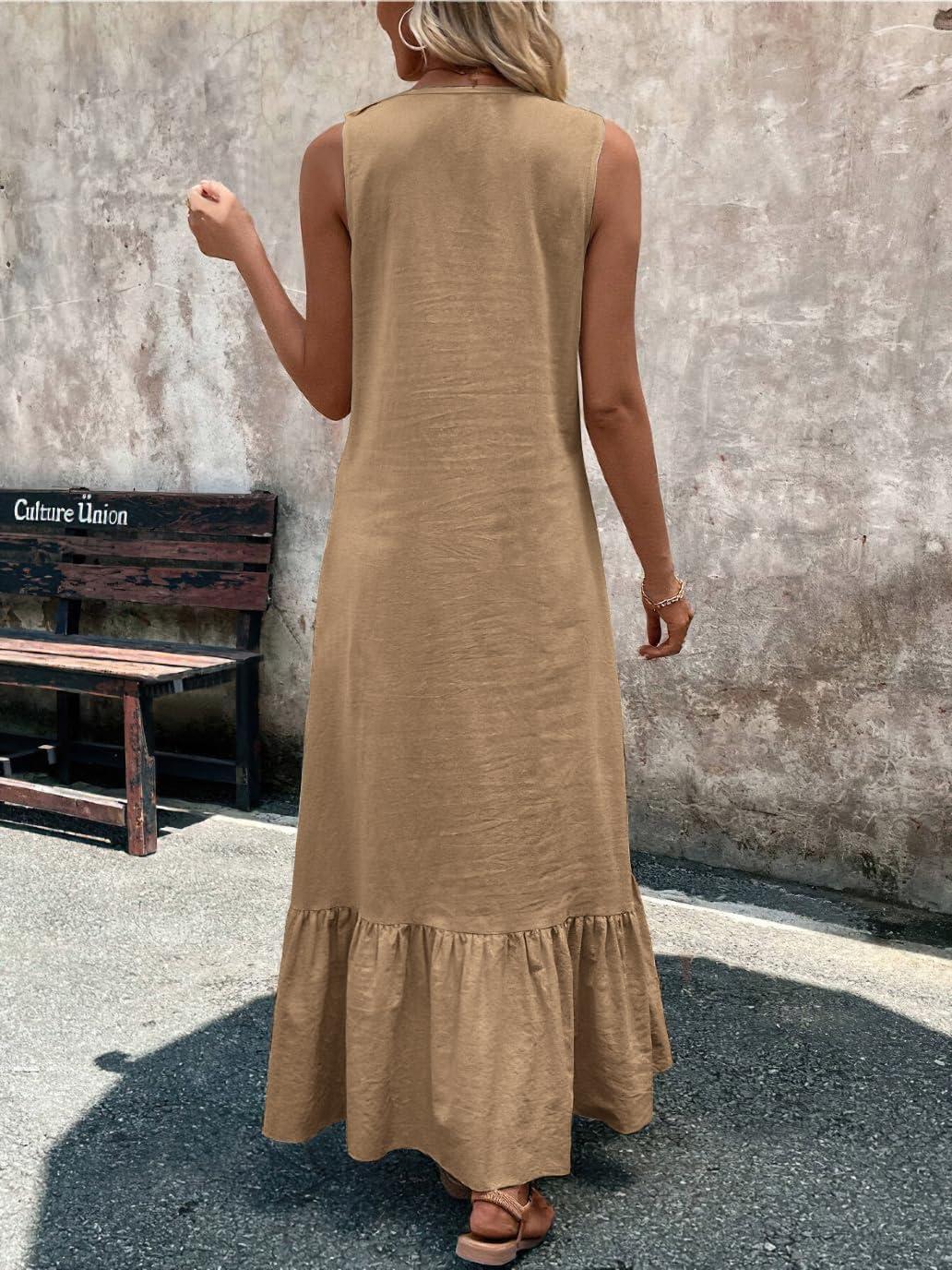 imagechouyatou Womens Summer Beach Cotton Tank Dress Linen Boho Sleeveless Tiered Ruffle Maxi Long SundressKhaki