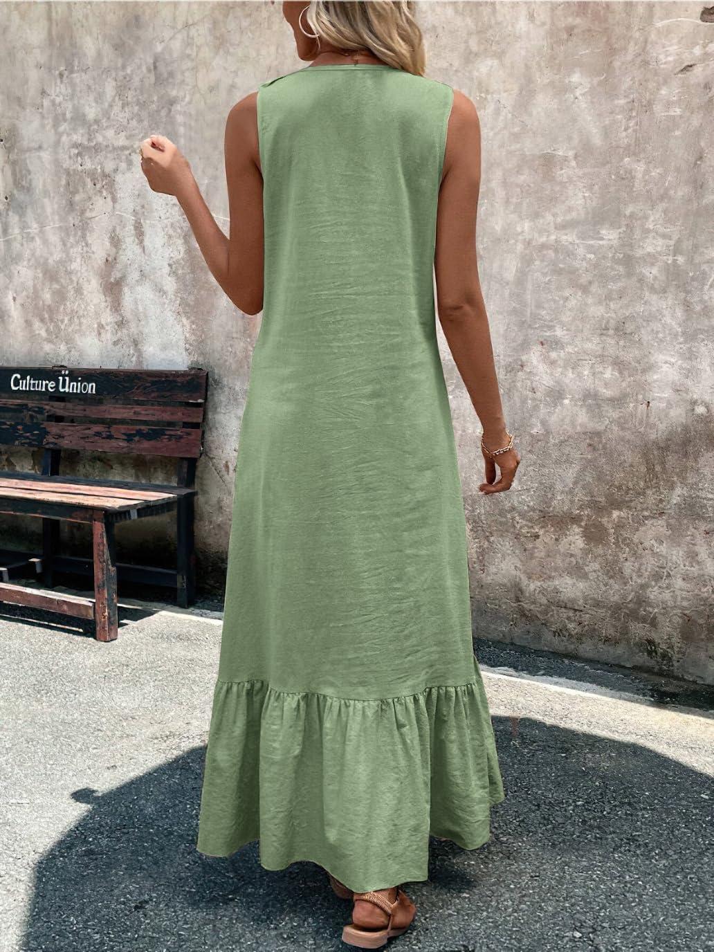 imagechouyatou Womens Summer Beach Cotton Tank Dress Linen Boho Sleeveless Tiered Ruffle Maxi Long SundressLight Green