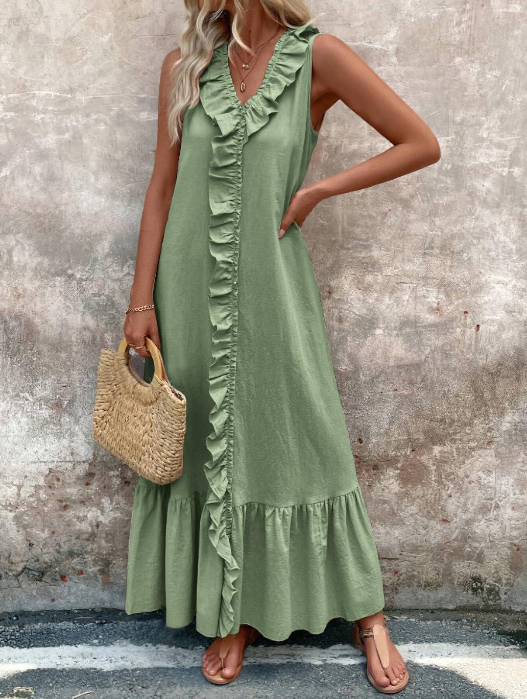 imagechouyatou Womens Summer Beach Cotton Tank Dress Linen Boho Sleeveless Tiered Ruffle Maxi Long SundressLight Green
