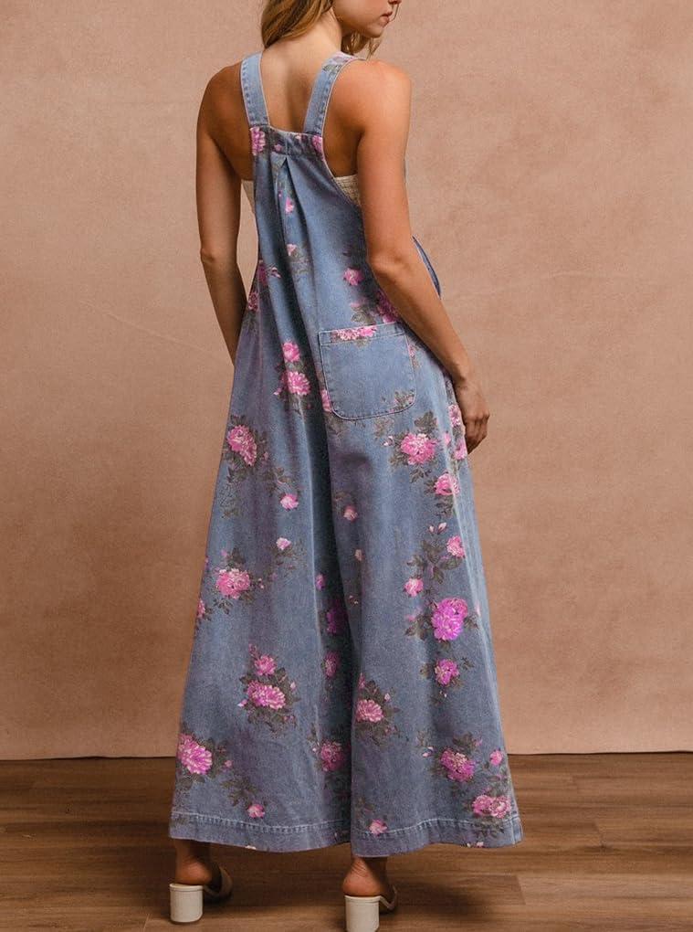 imagechouyatou Womens Summer Boho Floral Denim Bib Overalls Adjustable Strap Wide Leg Jumpsuits Jeans with PocketsDenim Blue