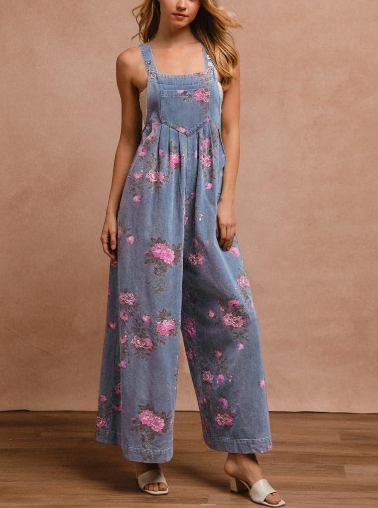 imagechouyatou Womens Summer Boho Floral Denim Bib Overalls Adjustable Strap Wide Leg Jumpsuits Jeans with PocketsDenim Blue