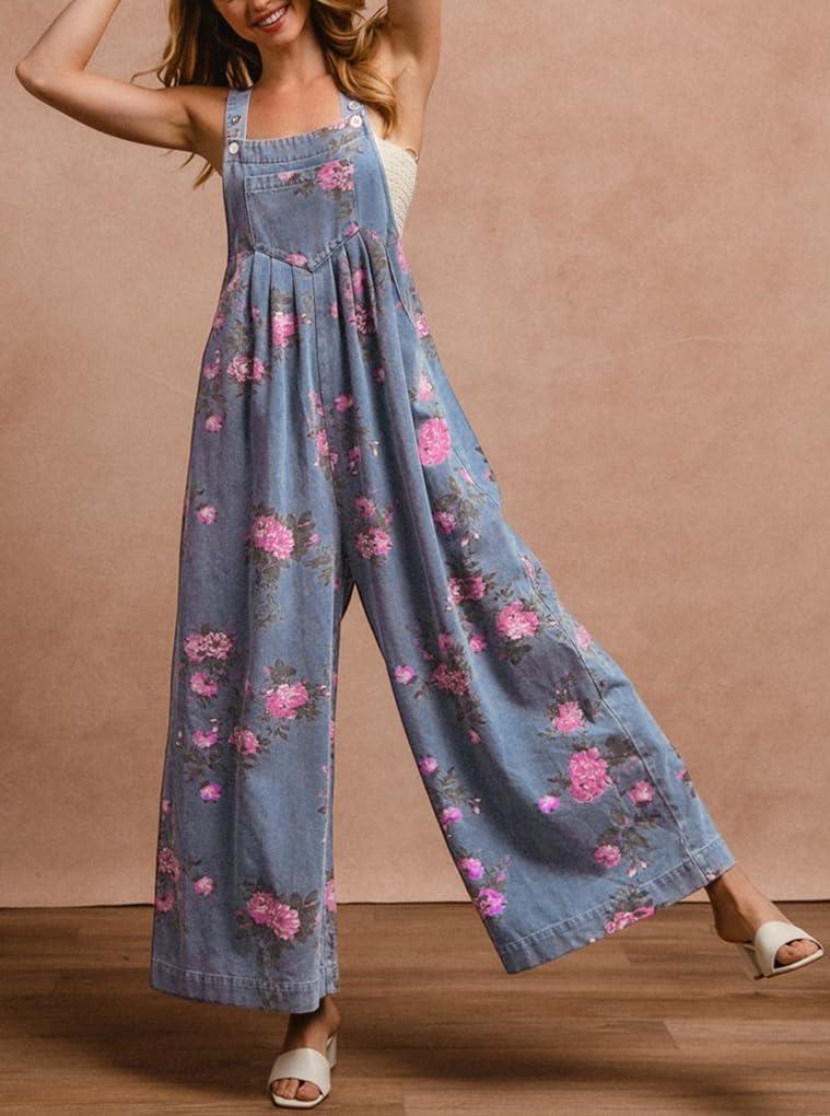 imagechouyatou Womens Summer Boho Floral Denim Bib Overalls Adjustable Strap Wide Leg Jumpsuits Jeans with PocketsDenim Blue