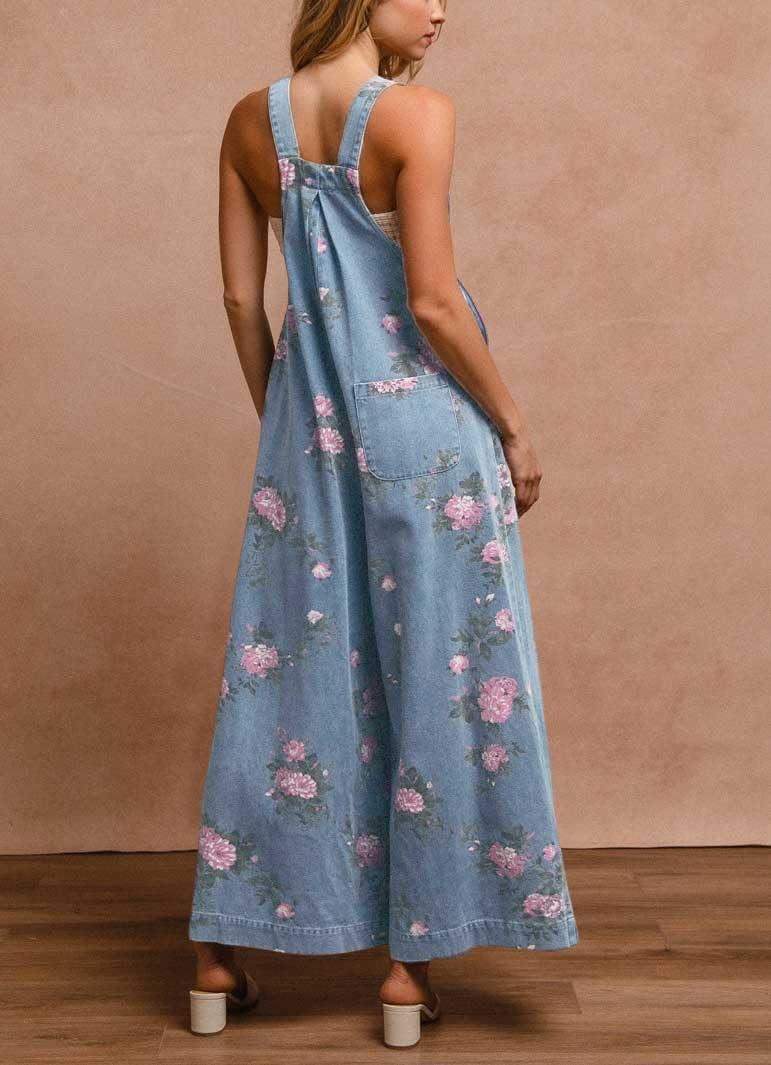 imagechouyatou Womens Summer Boho Floral Denim Bib Overalls Adjustable Strap Wide Leg Jumpsuits Jeans with PocketsLight Blue