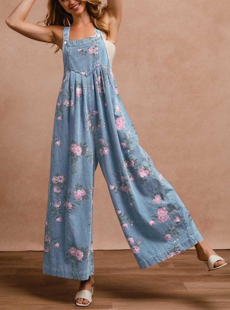 imagechouyatou Womens Summer Boho Floral Denim Bib Overalls Adjustable Strap Wide Leg Jumpsuits Jeans with PocketsLight Blue