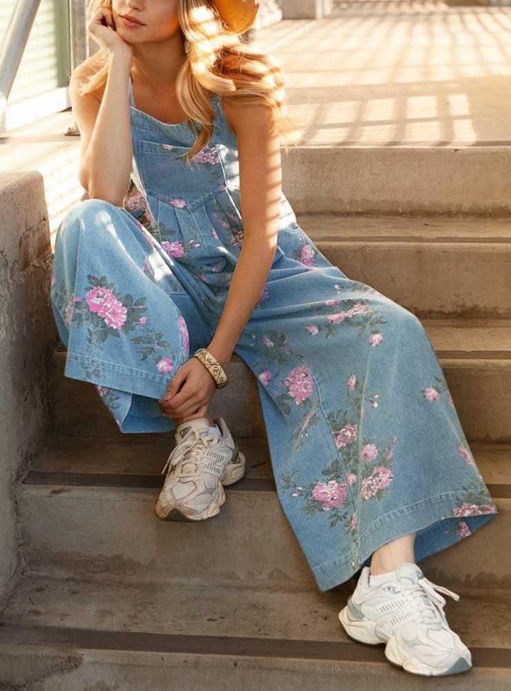 imagechouyatou Womens Summer Boho Floral Denim Bib Overalls Adjustable Strap Wide Leg Jumpsuits Jeans with PocketsLight Blue