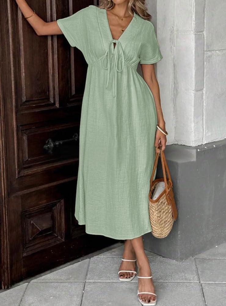 imagechouyatou Womens Summer Boho VNeck Cotton Tunic Dress Casual Loose Short Sleeve Midi Long Beach DressArmy Green