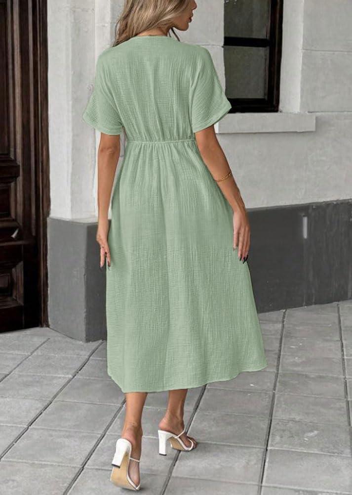 imagechouyatou Womens Summer Boho VNeck Cotton Tunic Dress Casual Loose Short Sleeve Midi Long Beach DressArmy Green