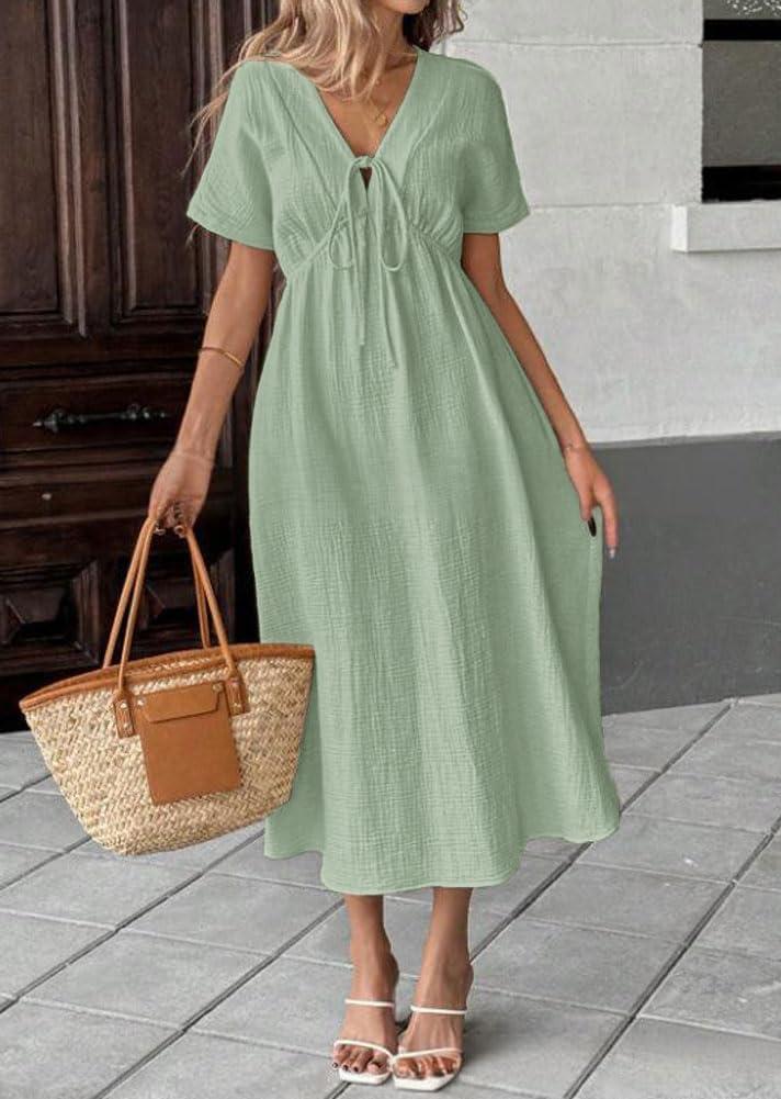 imagechouyatou Womens Summer Boho VNeck Cotton Tunic Dress Casual Loose Short Sleeve Midi Long Beach DressArmy Green